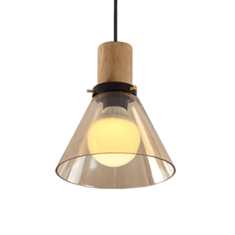 1 Light Pendant Lighting Modern Cone Amber Glass Hanging Ceiling Light with Wooden Cap Clearhalo 'Ceiling Lights' 'Glass shade' 'Glass' 'Industrial Pendants' 'Industrial' 'Middle Century Pendants' 'Pendant Lights' 'Pendants' 'Tiffany' Lighting' 768923