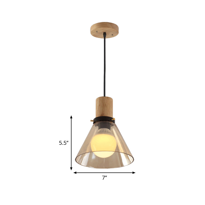 1 Light Pendant Lighting Modern Cone Amber Glass Hanging Ceiling Light with Wooden Cap Clearhalo 'Ceiling Lights' 'Glass shade' 'Glass' 'Industrial Pendants' 'Industrial' 'Middle Century Pendants' 'Pendant Lights' 'Pendants' 'Tiffany' Lighting' 768924