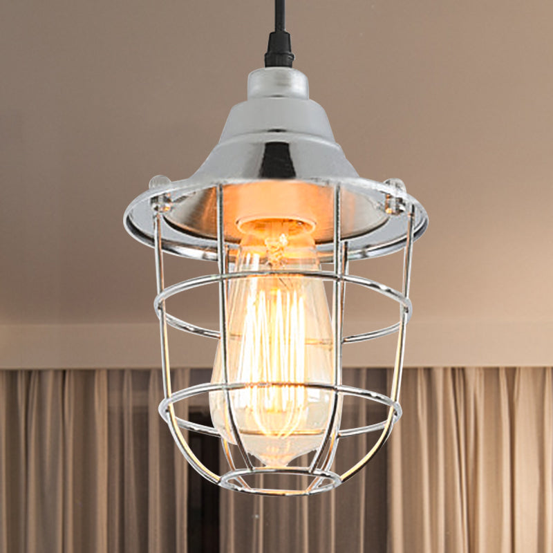 Wire Cage Bedside Hanging Light Industrial Vintage Metal 1 Bulb Brass/Chrome Finish Mini Pendant Lamp Chrome Clearhalo 'Art Deco Pendants' 'Cast Iron' 'Ceiling Lights' 'Ceramic' 'Crystal' 'Industrial Pendants' 'Industrial' 'Metal' 'Middle Century Pendants' 'Pendant Lights' 'Pendants' 'Tiffany' Lighting' 768945