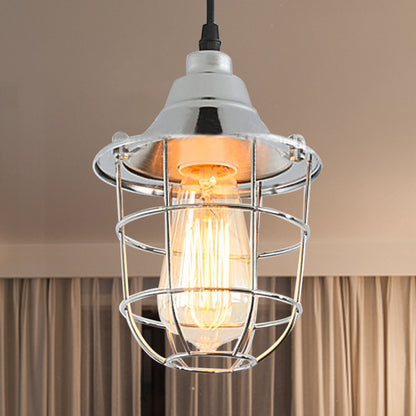 Wire Cage Bedside Hanging Light Industrial Vintage Metal 1 Bulb Brass/Chrome Finish Mini Pendant Lamp Chrome Clearhalo 'Art Deco Pendants' 'Cast Iron' 'Ceiling Lights' 'Ceramic' 'Crystal' 'Industrial Pendants' 'Industrial' 'Metal' 'Middle Century Pendants' 'Pendant Lights' 'Pendants' 'Tiffany' Lighting' 768945