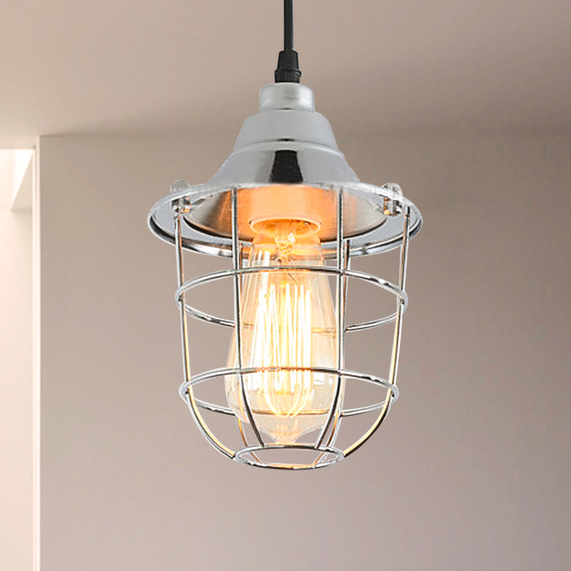 Wire Cage Bedside Hanging Light Industrial Vintage Metal 1 Bulb Brass/Chrome Finish Mini Pendant Lamp Clearhalo 'Art Deco Pendants' 'Cast Iron' 'Ceiling Lights' 'Ceramic' 'Crystal' 'Industrial Pendants' 'Industrial' 'Metal' 'Middle Century Pendants' 'Pendant Lights' 'Pendants' 'Tiffany' Lighting' 768947