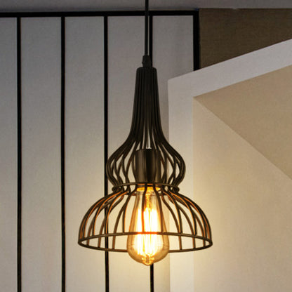 Black Gourd Pendant Lamp with Wire Frame Rustic Loft Metal 1 Light Restaurant Hanging Light Black Clearhalo 'Art Deco Pendants' 'Black' 'Cast Iron' 'Ceiling Lights' 'Ceramic' 'Crystal' 'Industrial Pendants' 'Industrial' 'Metal' 'Middle Century Pendants' 'Pendant Lights' 'Pendants' 'Rustic Pendants' 'Tiffany' Lighting' 768949