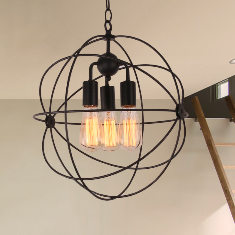Wire Globe Metal Shade Pendant Light Industrial Style 3 Bulbs Restaurant Hanging Lamp with Chain in Black Black Clearhalo 'Cast Iron' 'Ceiling Lights' 'Chandeliers' 'Industrial Chandeliers' 'Industrial' 'Metal' 'Middle Century Chandeliers' 'Rustic Chandeliers' 'Tiffany' Lighting' 768974
