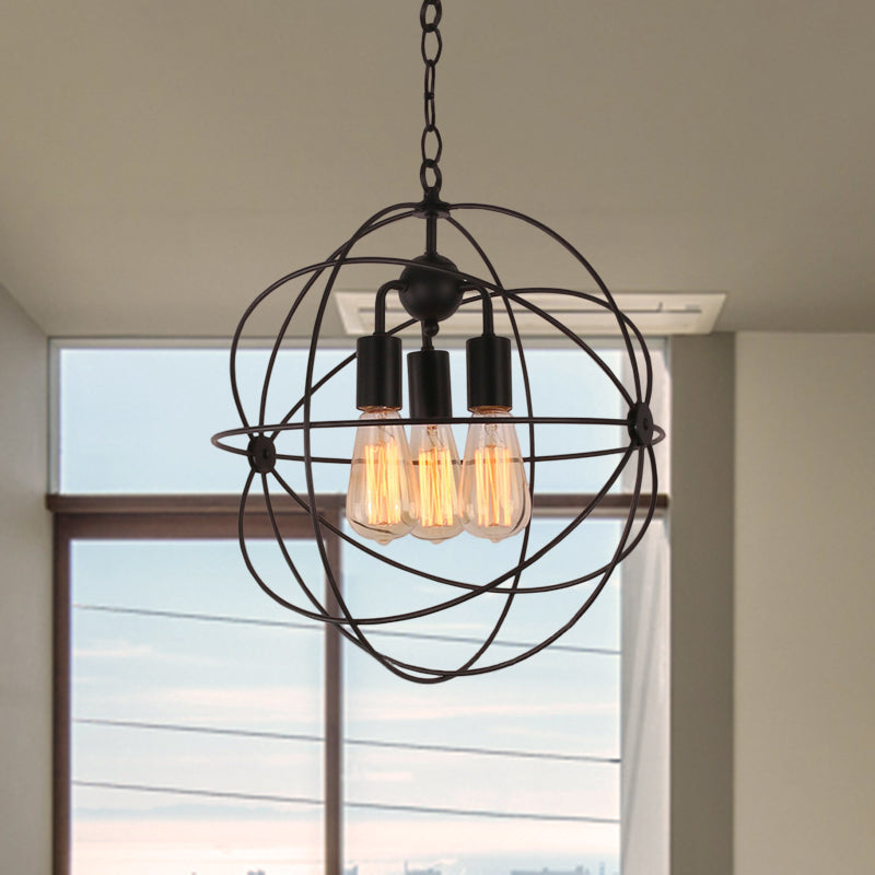 Wire Globe Metal Shade Pendant Light Industrial Style 3 Bulbs Restaurant Hanging Lamp with Chain in Black Clearhalo 'Cast Iron' 'Ceiling Lights' 'Chandeliers' 'Industrial Chandeliers' 'Industrial' 'Metal' 'Middle Century Chandeliers' 'Rustic Chandeliers' 'Tiffany' Lighting' 768975