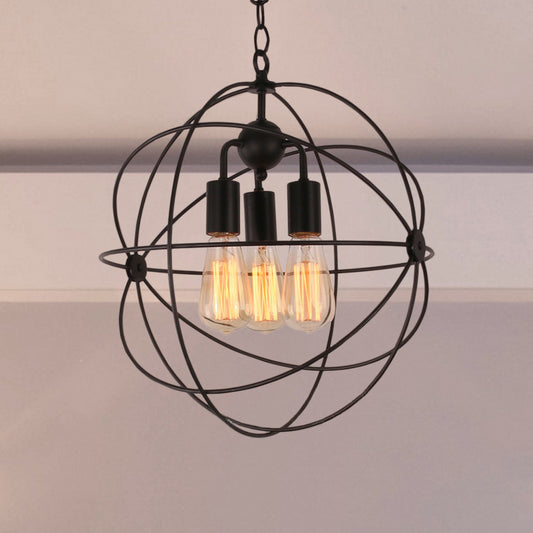 Wire Globe Metal Shade Pendant Light Industrial Style 3 Bulbs Restaurant Hanging Lamp with Chain in Black Clearhalo 'Cast Iron' 'Ceiling Lights' 'Chandeliers' 'Industrial Chandeliers' 'Industrial' 'Metal' 'Middle Century Chandeliers' 'Rustic Chandeliers' 'Tiffany' Lighting' 768976