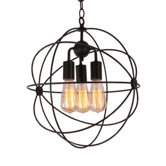 Wire Globe Metal Shade Pendant Light Industrial Style 3 Bulbs Restaurant Hanging Lamp with Chain in Black Clearhalo 'Cast Iron' 'Ceiling Lights' 'Chandeliers' 'Industrial Chandeliers' 'Industrial' 'Metal' 'Middle Century Chandeliers' 'Rustic Chandeliers' 'Tiffany' Lighting' 768977