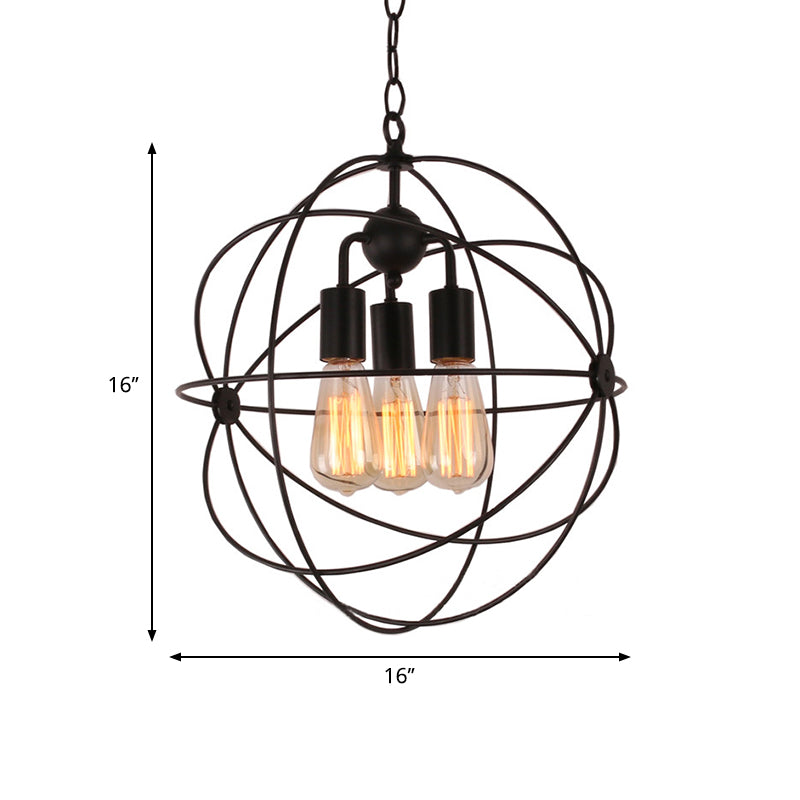 Wire Globe Metal Shade Pendant Light Industrial Style 3 Bulbs Restaurant Hanging Lamp with Chain in Black Clearhalo 'Cast Iron' 'Ceiling Lights' 'Chandeliers' 'Industrial Chandeliers' 'Industrial' 'Metal' 'Middle Century Chandeliers' 'Rustic Chandeliers' 'Tiffany' Lighting' 768978