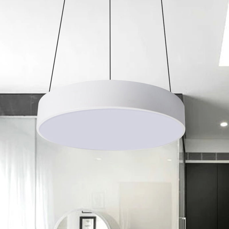 12"/18"/23.5" Wide Metal Drum Pendant Lighting Contemporary Led White/Black Ceiling Lamp in White/Warm Light White Clearhalo 'Ceiling Lights' 'Modern Pendants' 'Modern' 'Pendant Lights' 'Pendants' Lighting' 769034