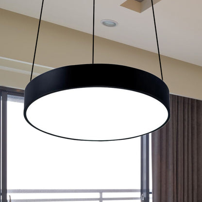 12"/18"/23.5" Wide Metal Drum Pendant Lighting Contemporary Led White/Black Ceiling Lamp in White/Warm Light Black Clearhalo 'Ceiling Lights' 'Modern Pendants' 'Modern' 'Pendant Lights' 'Pendants' Lighting' 769042