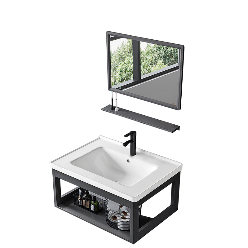 Single Modern Bath Vanity Wall Mount Metal Base Rectangular Bathroom Vanity Vanity & Faucet & Mirrors 28"L x 16"W x 15"H Ceramic Clearhalo 'Bathroom Remodel & Bathroom Fixtures' 'Bathroom Vanities' 'bathroom_vanities' 'Home Improvement' 'home_improvement' 'home_improvement_bathroom_vanities' 7692325