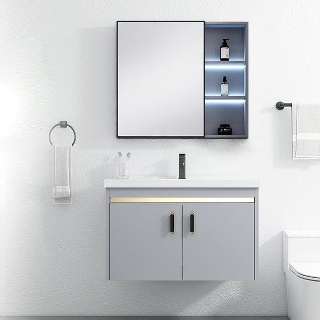 2 Doors Vanity Grey Mirror Wall Mounted Metal Frame Rectangular Glam Vanity with Faucet Clearhalo 'Bathroom Remodel & Bathroom Fixtures' 'Bathroom Vanities' 'bathroom_vanities' 'Home Improvement' 'home_improvement' 'home_improvement_bathroom_vanities' 7692369