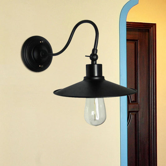 Black Flared Wall Mount Light with Metal Shade and Gooseneck Industrial 1 Light Wall Sconce Clearhalo 'Art deco wall lights' 'Cast Iron' 'Glass' 'Industrial wall lights' 'Industrial' 'Middle century wall lights' 'Modern' 'Rustic wall lights' 'Tiffany' 'Traditional wall lights' 'Wall Lamps & Sconces' 'Wall Lights' Lighting' 769555