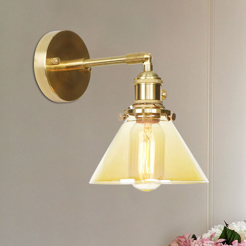 Amber Glass Conical Wall Lighting Rotatable 1 Light Vintage Wall Sconce Light for Foyer Clearhalo 'Cast Iron' 'Glass' 'Industrial wall lights' 'Industrial' 'Middle century wall lights' 'Modern' 'Tiffany' 'Traditional wall lights' 'Wall Lamps & Sconces' 'Wall Lights' Lighting' 769561