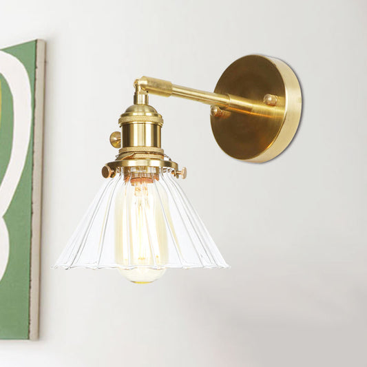 Cone Shade Wall Mount Light with Clear Ruffle Glass Single Light Vintage Wall Lighting Clear 1.0 Clearhalo 'Cast Iron' 'Glass' 'Industrial wall lights' 'Industrial' 'Middle century wall lights' 'Modern' 'Tiffany' 'Traditional wall lights' 'Wall Lamps & Sconces' 'Wall Lights' Lighting' 769565
