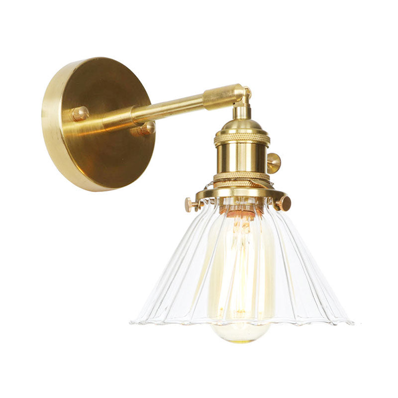 Cone Shade Wall Mount Light with Clear Ruffle Glass Single Light Vintage Wall Lighting Clearhalo 'Cast Iron' 'Glass' 'Industrial wall lights' 'Industrial' 'Middle century wall lights' 'Modern' 'Tiffany' 'Traditional wall lights' 'Wall Lamps & Sconces' 'Wall Lights' Lighting' 769568