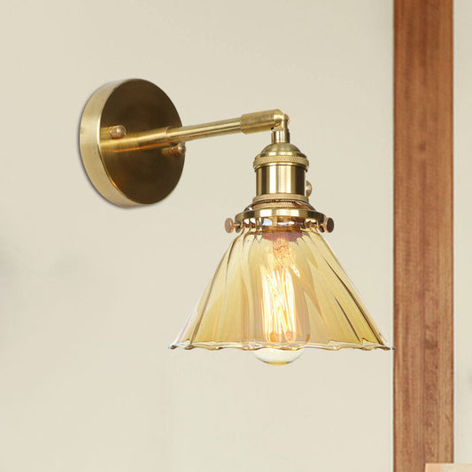 Industrial Vintage Cone Wall Lamp Amber Ruffle Glass Adjustable 1 Lights Wall Sconce Amber 1.0 Clearhalo 'Cast Iron' 'Glass' 'Industrial wall lights' 'Industrial' 'Middle century wall lights' 'Modern' 'Tiffany' 'Traditional wall lights' 'Wall Lamps & Sconces' 'Wall Lights' Lighting' 769571