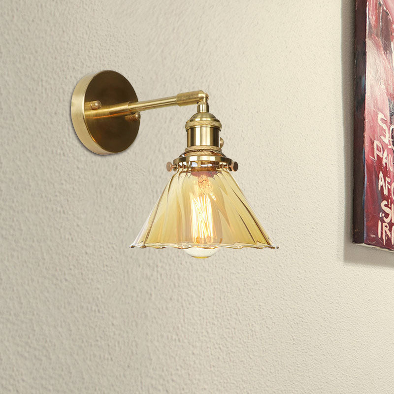 Industrial Vintage Cone Wall Lamp Amber Ruffle Glass Adjustable 1 Lights Wall Sconce Clearhalo 'Cast Iron' 'Glass' 'Industrial wall lights' 'Industrial' 'Middle century wall lights' 'Modern' 'Tiffany' 'Traditional wall lights' 'Wall Lamps & Sconces' 'Wall Lights' Lighting' 769572