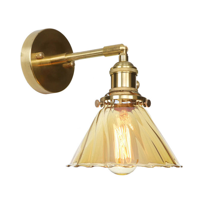 Industrial Vintage Cone Wall Lamp Amber Ruffle Glass Adjustable 1 Lights Wall Sconce Clearhalo 'Cast Iron' 'Glass' 'Industrial wall lights' 'Industrial' 'Middle century wall lights' 'Modern' 'Tiffany' 'Traditional wall lights' 'Wall Lamps & Sconces' 'Wall Lights' Lighting' 769574