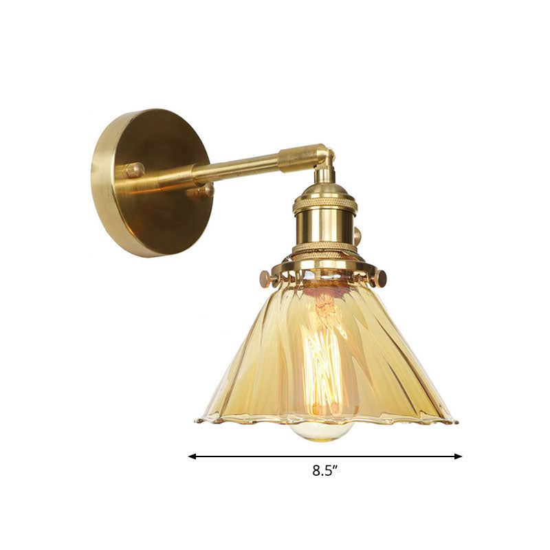 Industrial Vintage Cone Wall Lamp Amber Ruffle Glass Adjustable 1 Lights Wall Sconce Clearhalo 'Cast Iron' 'Glass' 'Industrial wall lights' 'Industrial' 'Middle century wall lights' 'Modern' 'Tiffany' 'Traditional wall lights' 'Wall Lamps & Sconces' 'Wall Lights' Lighting' 769575