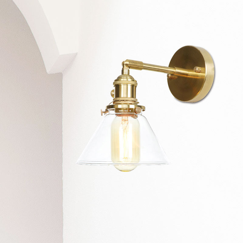 Conical Wall Sconce Light 1 Light Clear Glass Rustic Antique Wall Lighting for Bedroom Clearhalo 'Cast Iron' 'Glass' 'Industrial wall lights' 'Industrial' 'Middle century wall lights' 'Modern' 'Tiffany' 'Traditional wall lights' 'Wall Lamps & Sconces' 'Wall Lights' Lighting' 769578