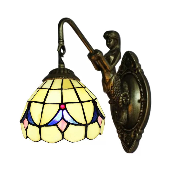 1 Head Dome Sconce Light Baroque White/Beige Glass Wall Mount Lighting with Mermaid Backplate, 6"/8" Wide Clearhalo 'Industrial' 'Middle century wall lights' 'Tiffany wall lights' 'Tiffany' 'Wall Lamps & Sconces' 'Wall Lights' Lighting' 7696