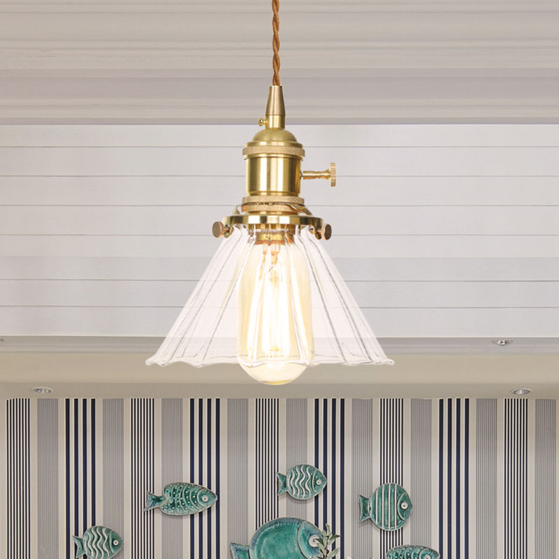 Conical Pendant Lighting Retro Style 1 Light Clear Ruffle Glass Hanging Light for Foyer Clearhalo 'Ceiling Lights' 'Glass shade' 'Glass' 'Industrial Pendants' 'Industrial' 'Middle Century Pendants' 'Pendant Lights' 'Pendants' 'Tiffany' Lighting' 769620