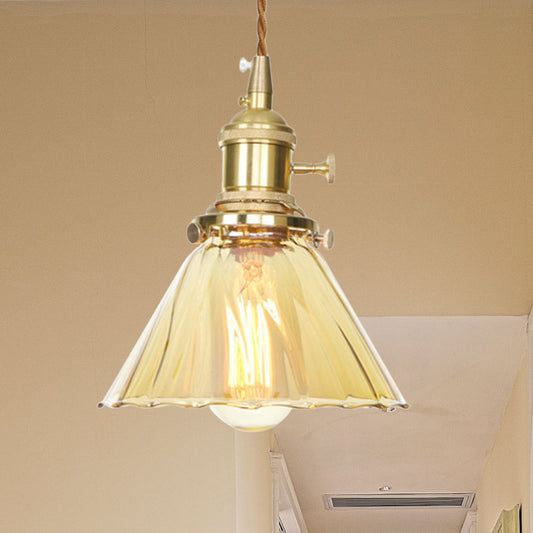 Retro Style Flared Pendant Lamp Amber Ruffle Glass 1 Light Hanging Ceiling Light for Kitchen Amber 1 Clearhalo 'Ceiling Lights' 'Glass shade' 'Glass' 'Industrial Pendants' 'Industrial' 'Middle Century Pendants' 'Pendant Lights' 'Pendants' 'Tiffany' Lighting' 769625