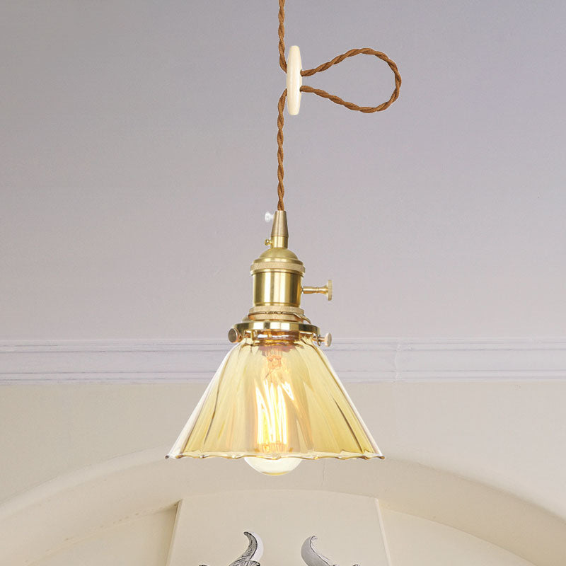 Retro Style Flared Pendant Lamp Amber Ruffle Glass 1 Light Hanging Ceiling Light for Kitchen Clearhalo 'Ceiling Lights' 'Glass shade' 'Glass' 'Industrial Pendants' 'Industrial' 'Middle Century Pendants' 'Pendant Lights' 'Pendants' 'Tiffany' Lighting' 769626