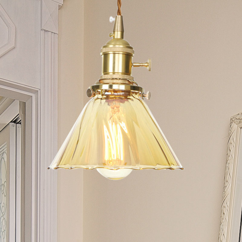 Retro Style Flared Pendant Lamp Amber Ruffle Glass 1 Light Hanging Ceiling Light for Kitchen Clearhalo 'Ceiling Lights' 'Glass shade' 'Glass' 'Industrial Pendants' 'Industrial' 'Middle Century Pendants' 'Pendant Lights' 'Pendants' 'Tiffany' Lighting' 769627