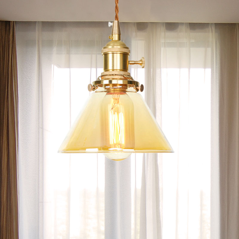 1 Light Cone Hanging Ceiling Light Amber Glass Industrial Pendant Lamp