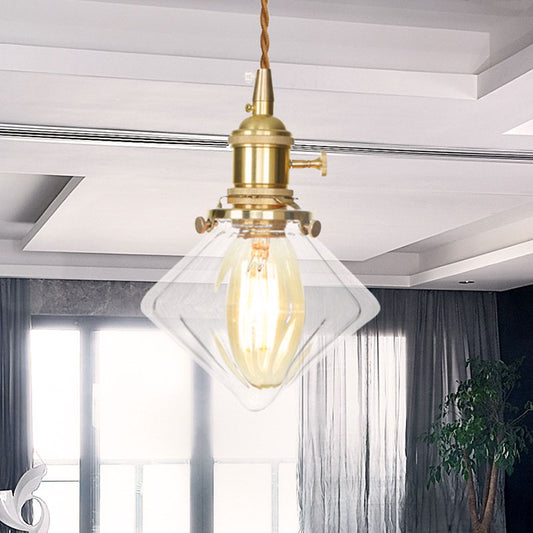 Single Light Gem Suspension Light with Clear Ribbed Glass Vintage Pendant Light in Brass Clear 1 Clearhalo 'Ceiling Lights' 'Glass shade' 'Glass' 'Industrial Pendants' 'Industrial' 'Middle Century Pendants' 'Pendant Lights' 'Pendants' 'Tiffany' Lighting' 769643