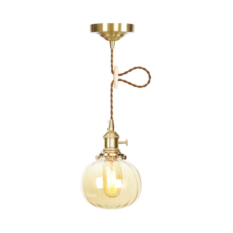 Melon Shape Pendant Lamp Amber Glass Retro Vintage Hanging Lamp for Dining Room Clearhalo 'Ceiling Lights' 'Glass shade' 'Glass' 'Industrial Pendants' 'Industrial' 'Middle Century Pendants' 'Pendant Lights' 'Pendants' 'Tiffany' Lighting' 769664