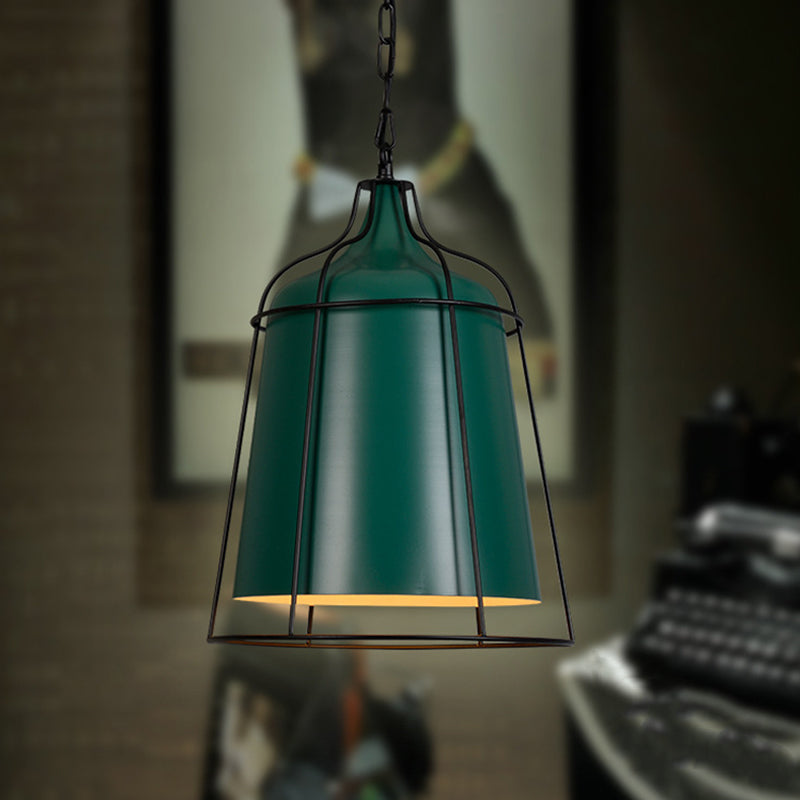 Dark Green Bucket Hanging Lamp with Wire Cage Industrial Single Light Metal Pendant Lighting Green Clearhalo 'Art Deco Pendants' 'Cast Iron' 'Ceiling Lights' 'Ceramic' 'Crystal' 'Industrial Pendants' 'Industrial' 'Metal' 'Middle Century Pendants' 'Pendant Lights' 'Pendants' 'Tiffany' Lighting' 769684