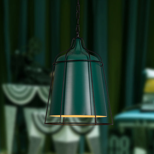 Dark Green Bucket Hanging Lamp with Wire Cage Industrial Single Light Metal Pendant Lighting Clearhalo 'Art Deco Pendants' 'Cast Iron' 'Ceiling Lights' 'Ceramic' 'Crystal' 'Industrial Pendants' 'Industrial' 'Metal' 'Middle Century Pendants' 'Pendant Lights' 'Pendants' 'Tiffany' Lighting' 769686