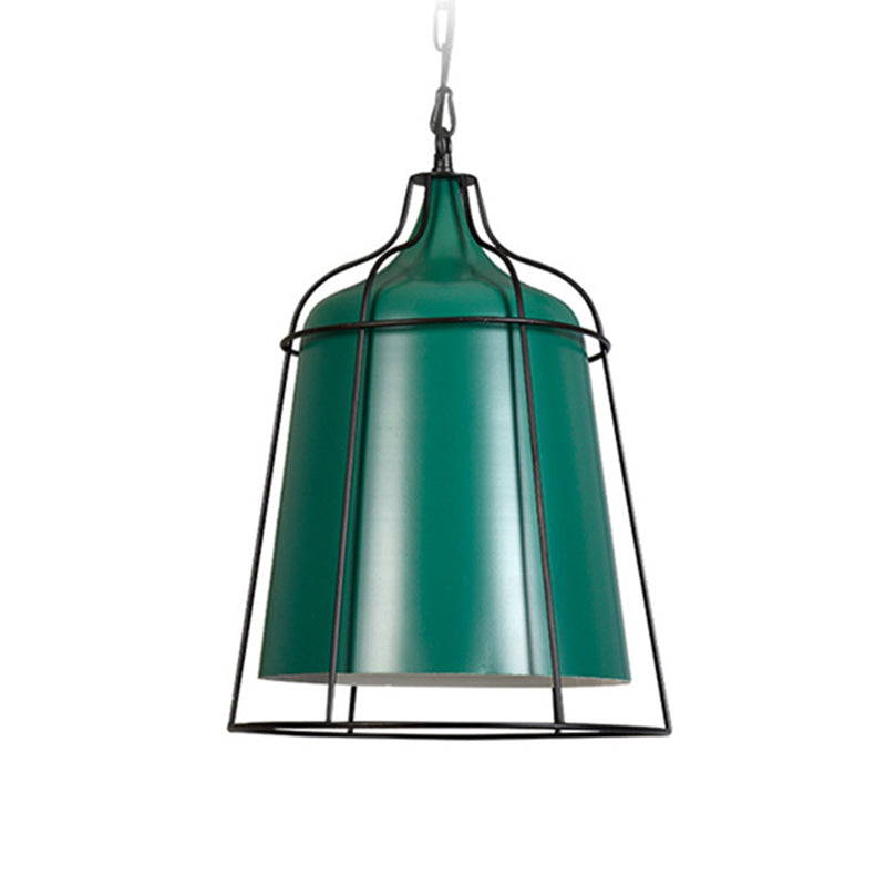 Dark Green Bucket Hanging Lamp with Wire Cage Industrial Single Light Metal Pendant Lighting Clearhalo 'Art Deco Pendants' 'Cast Iron' 'Ceiling Lights' 'Ceramic' 'Crystal' 'Industrial Pendants' 'Industrial' 'Metal' 'Middle Century Pendants' 'Pendant Lights' 'Pendants' 'Tiffany' Lighting' 769687