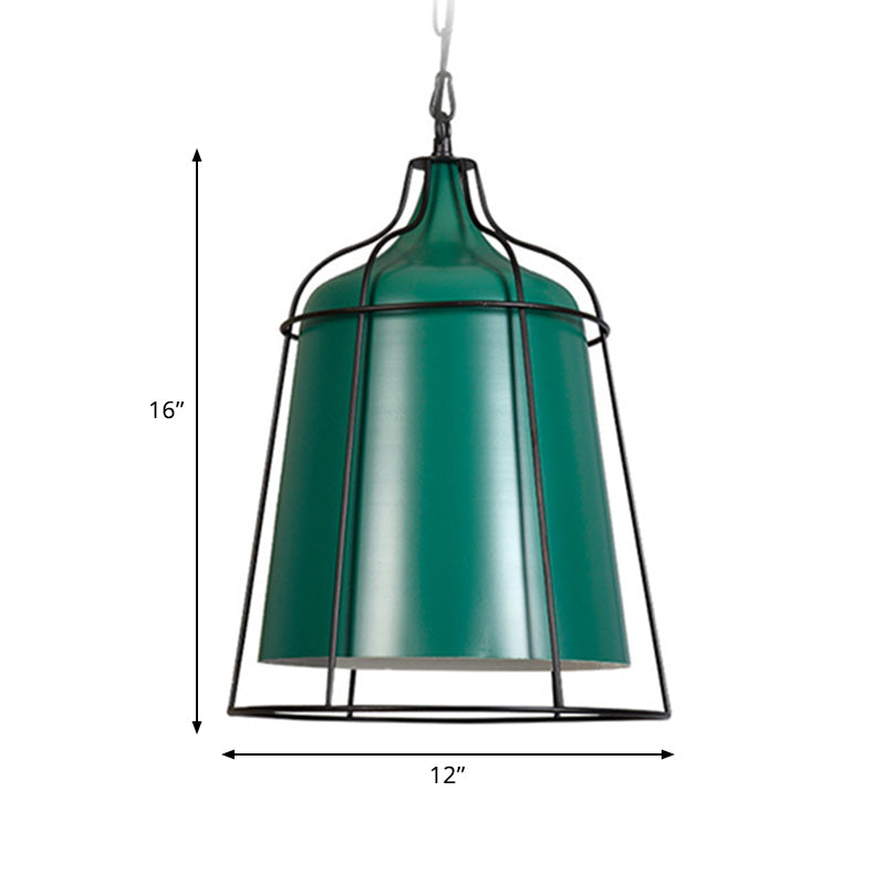 Dark Green Bucket Hanging Lamp with Wire Cage Industrial Single Light Metal Pendant Lighting Clearhalo 'Art Deco Pendants' 'Cast Iron' 'Ceiling Lights' 'Ceramic' 'Crystal' 'Industrial Pendants' 'Industrial' 'Metal' 'Middle Century Pendants' 'Pendant Lights' 'Pendants' 'Tiffany' Lighting' 769688