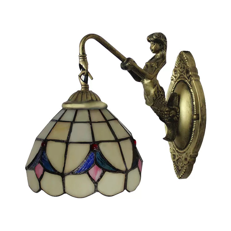 1 Head Dome Sconce Light Baroque White/Beige Glass Wall Mount Lighting with Mermaid Backplate, 6"/8" Wide Clearhalo 'Industrial' 'Middle century wall lights' 'Tiffany wall lights' 'Tiffany' 'Wall Lamps & Sconces' 'Wall Lights' Lighting' 7697