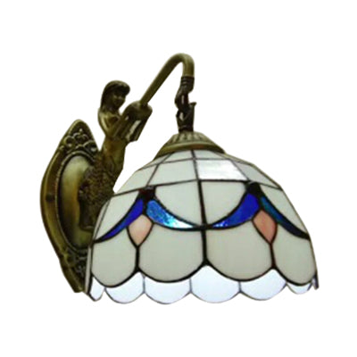 1 Head Dome Sconce Light Baroque White/Beige Glass Wall Mount Lighting with Mermaid Backplate, 6"/8" Wide Clearhalo 'Industrial' 'Middle century wall lights' 'Tiffany wall lights' 'Tiffany' 'Wall Lamps & Sconces' 'Wall Lights' Lighting' 7699
