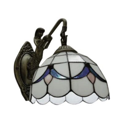 1 Head Dome Sconce Light Baroque White/Beige Glass Wall Mount Lighting with Mermaid Backplate, 6"/8" Wide Clearhalo 'Industrial' 'Middle century wall lights' 'Tiffany wall lights' 'Tiffany' 'Wall Lamps & Sconces' 'Wall Lights' Lighting' 7700