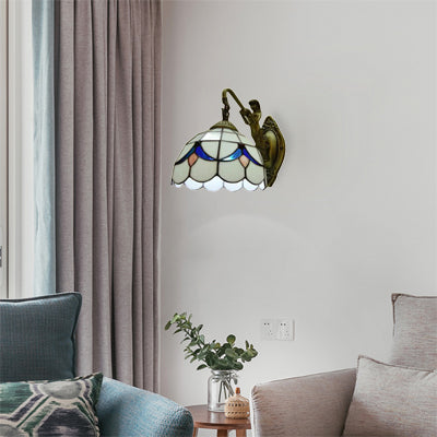 1 Head Dome Sconce Light Baroque White/Beige Glass Wall Mount Lighting with Mermaid Backplate, 6"/8" Wide White 8" Clearhalo 'Industrial' 'Middle century wall lights' 'Tiffany wall lights' 'Tiffany' 'Wall Lamps & Sconces' 'Wall Lights' Lighting' 7701