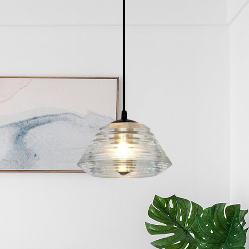 Cone/Dome/Flared Pendant Lighting Modernist Clear Ruffle Glass 1 Light Black Hanging Ceiling Lamp Clearhalo 'Ceiling Lights' 'Glass shade' 'Glass' 'Modern Pendants' 'Modern' 'Pendant Lights' 'Pendants' Lighting' 770161