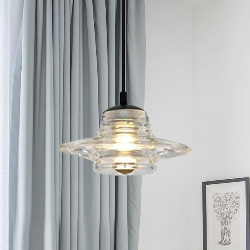 Cone/Dome/Flared Pendant Lighting Modernist Clear Ruffle Glass 1 Light Black Hanging Ceiling Lamp Clear A Clearhalo 'Ceiling Lights' 'Glass shade' 'Glass' 'Modern Pendants' 'Modern' 'Pendant Lights' 'Pendants' Lighting' 770165