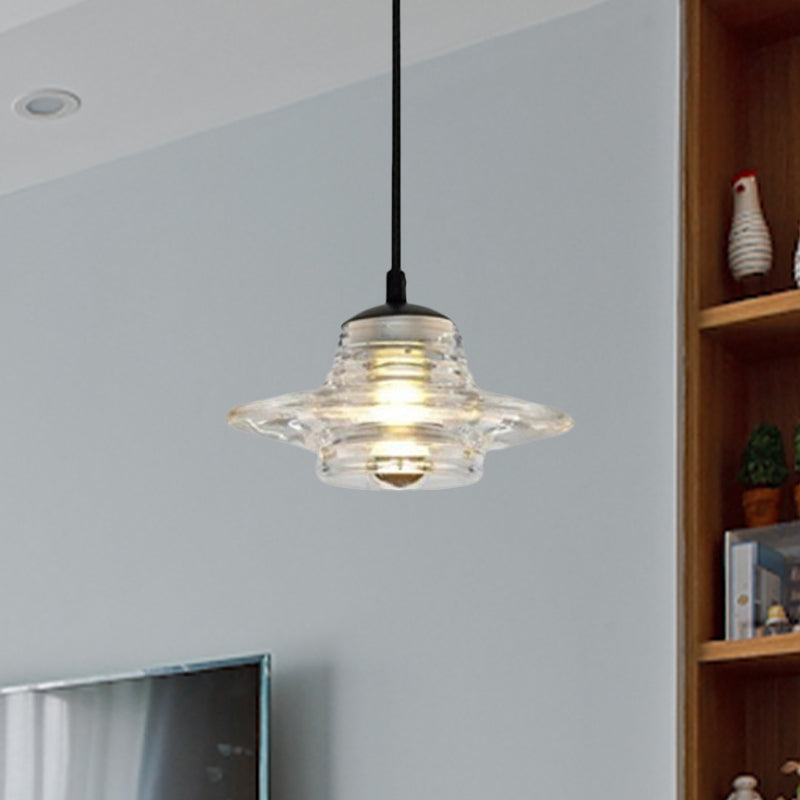 Cone/Dome/Flared Pendant Lighting Modernist Clear Ruffle Glass 1 Light Black Hanging Ceiling Lamp Clearhalo 'Ceiling Lights' 'Glass shade' 'Glass' 'Modern Pendants' 'Modern' 'Pendant Lights' 'Pendants' Lighting' 770166