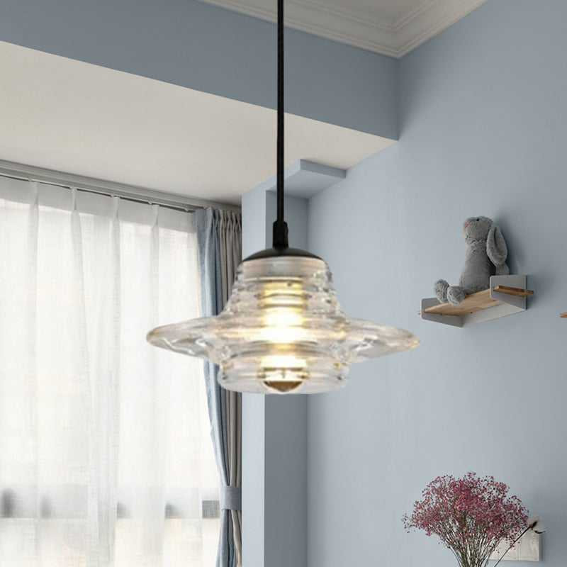 Cone/Dome/Flared Pendant Lighting Modernist Clear Ruffle Glass 1 Light Black Hanging Ceiling Lamp Clearhalo 'Ceiling Lights' 'Glass shade' 'Glass' 'Modern Pendants' 'Modern' 'Pendant Lights' 'Pendants' Lighting' 770167