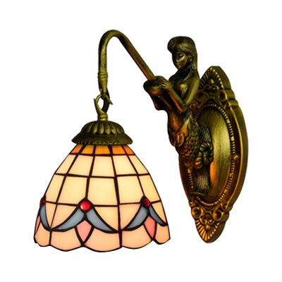 1 Head Dome Sconce Light Baroque White/Beige Glass Wall Mount Lighting with Mermaid Backplate, 6"/8" Wide Clearhalo 'Industrial' 'Middle century wall lights' 'Tiffany wall lights' 'Tiffany' 'Wall Lamps & Sconces' 'Wall Lights' Lighting' 7702