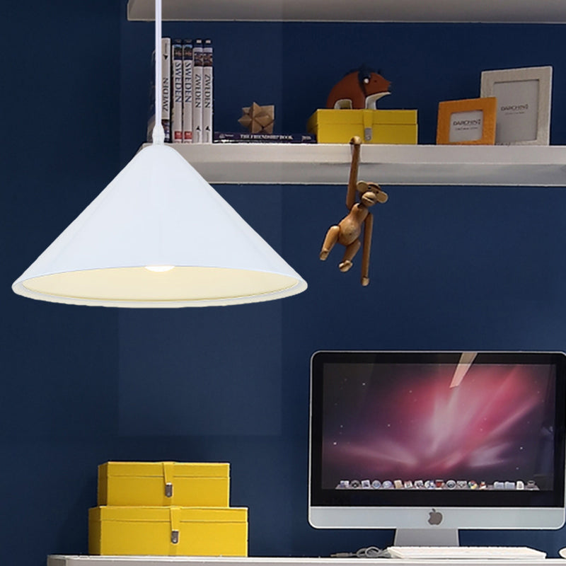 Nordic Cone Hanging Lamp Metal 1 Light Black/White/Red Pendant Light Fixture for Dining Room, 12.5"/16.5" Wide White Clearhalo 'Ceiling Lights' 'Modern Pendants' 'Modern' 'Pendant Lights' 'Pendants' Lighting' 770226