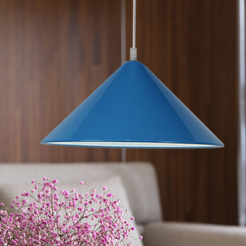 Nordic Cone Hanging Lamp Metal 1 Light Black/White/Red Pendant Light Fixture for Dining Room, 12.5"/16.5" Wide Blue Clearhalo 'Ceiling Lights' 'Modern Pendants' 'Modern' 'Pendant Lights' 'Pendants' Lighting' 770238