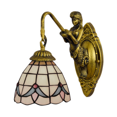 1 Head Dome Sconce Light Baroque White/Beige Glass Wall Mount Lighting with Mermaid Backplate, 6"/8" Wide Clearhalo 'Industrial' 'Middle century wall lights' 'Tiffany wall lights' 'Tiffany' 'Wall Lamps & Sconces' 'Wall Lights' Lighting' 7703