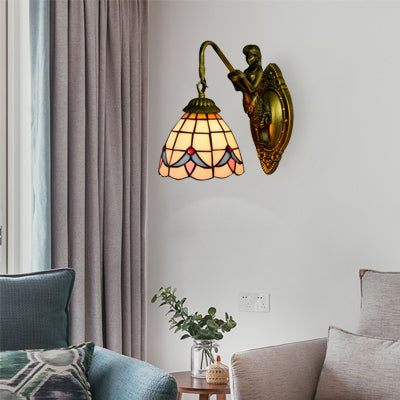 1 Head Dome Sconce Light Baroque White/Beige Glass Wall Mount Lighting with Mermaid Backplate, 6"/8" Wide White 6" Clearhalo 'Industrial' 'Middle century wall lights' 'Tiffany wall lights' 'Tiffany' 'Wall Lamps & Sconces' 'Wall Lights' Lighting' 7704