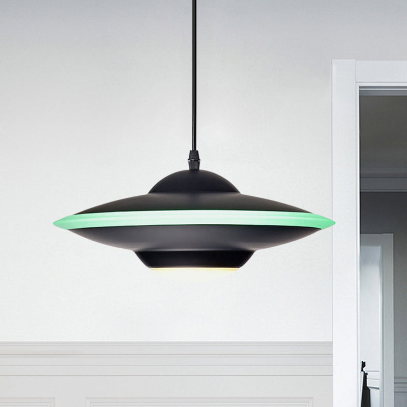 Flying Saucer Hanging Lamp Macaron Style Metal 12"/16" W LED Black/White Pendant Lighting over Table, Warm/White Light Black Clearhalo 'Ceiling Lights' 'Modern Pendants' 'Modern' 'Pendant Lights' 'Pendants' Lighting' 770628